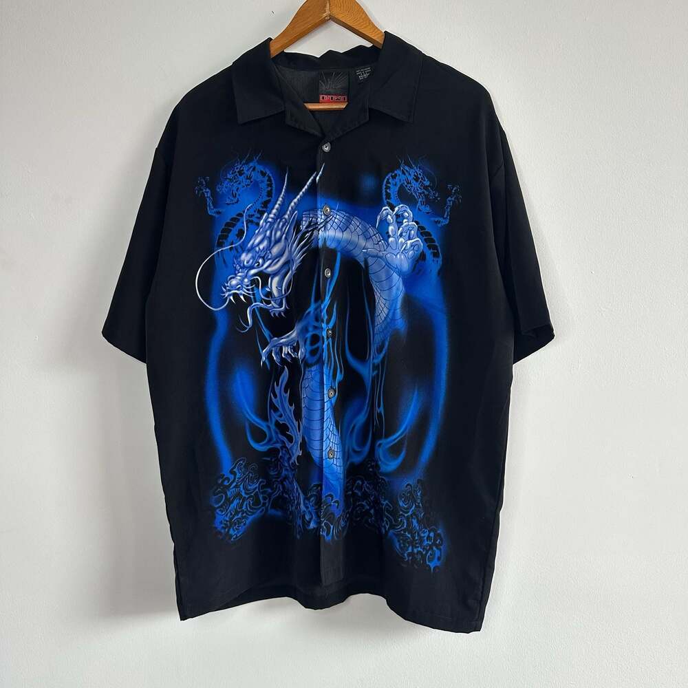 C-TWO Vintage Y2K Blue Dragon Button-Up Shirt XXL Flame Tribal Graphic